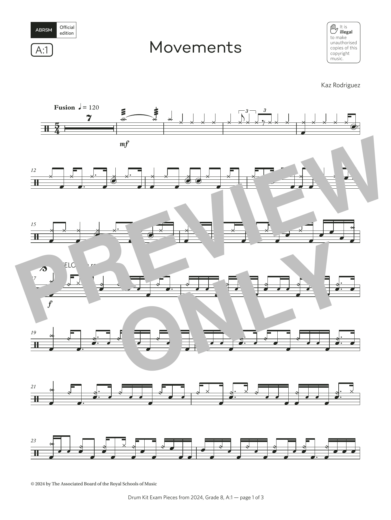 Kaz Rodriguez Movements (Grade 8, list A1, from the ABRSM Drum Kit Syllabus 2024) Sheet Music Notes & Chords for Drums - Download or Print PDF