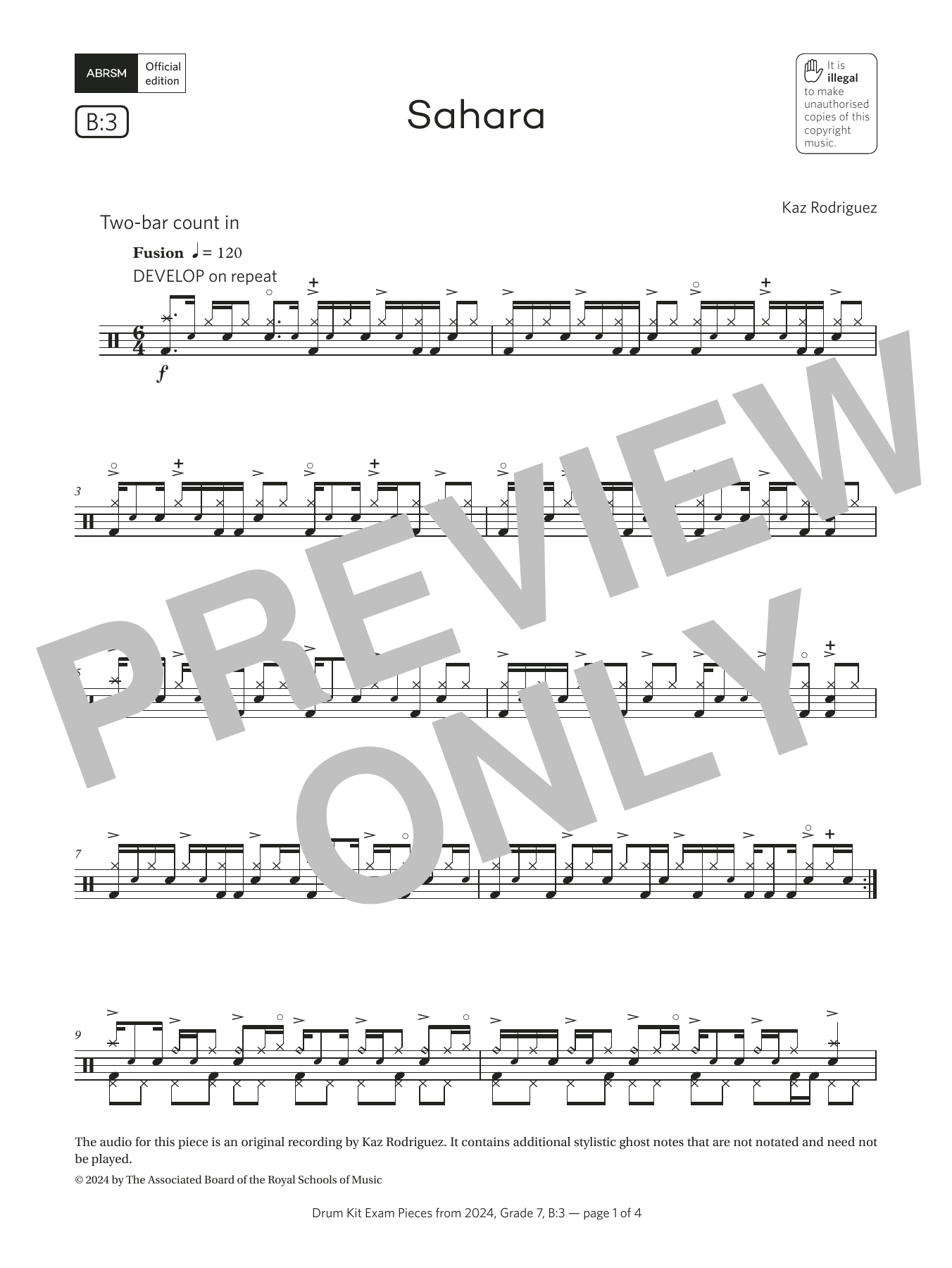 Kaz Rodriguez Sahara (Grade 7, list B3, from the ABRSM Drum Kit Syllabus 2024) Sheet Music Notes & Chords for Drums - Download or Print PDF