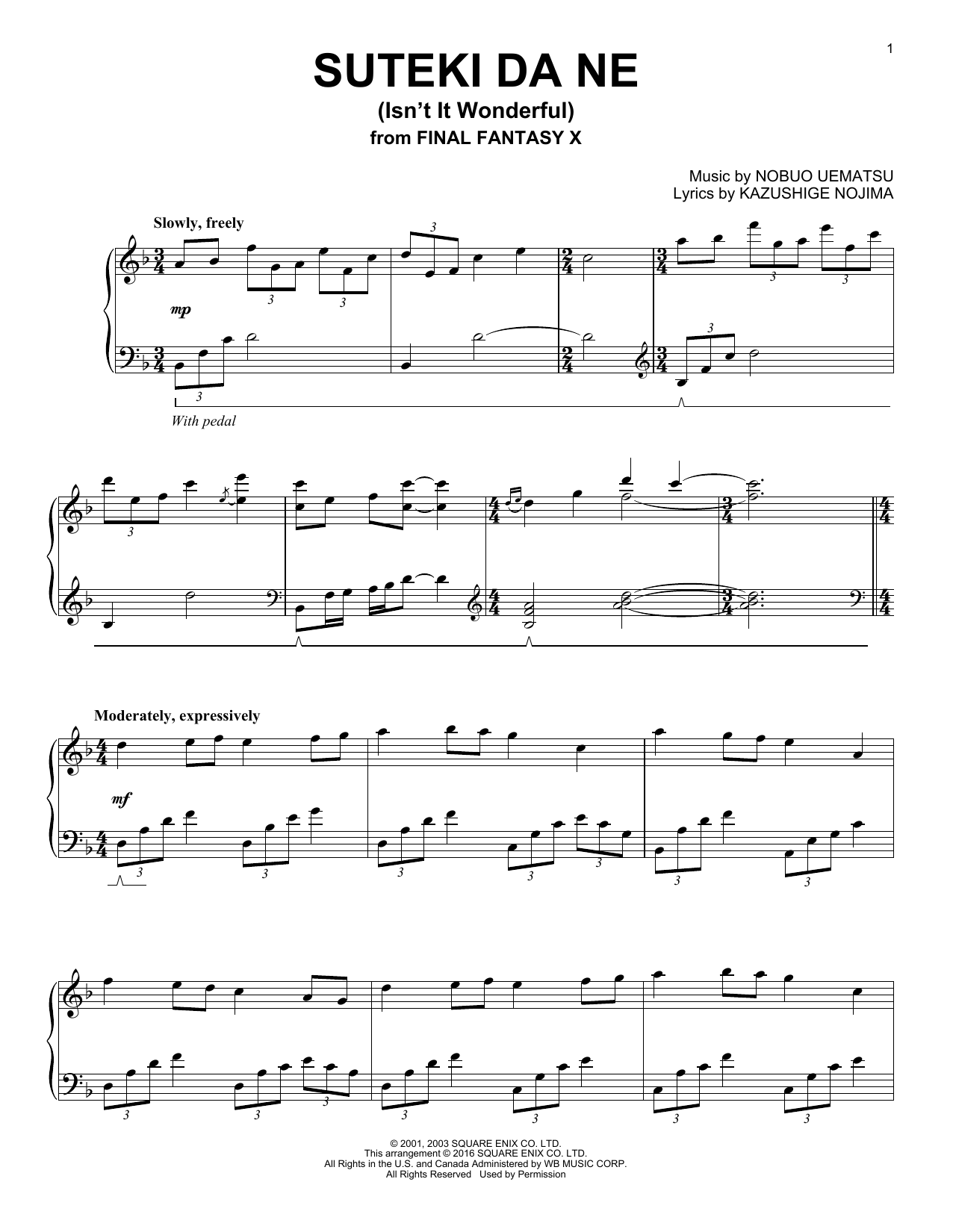 Kazushige Nojima Suteki Da Ne (Isn't It Wonderful) (from Final Fantasy X) Sheet Music Notes & Chords for Piano - Download or Print PDF