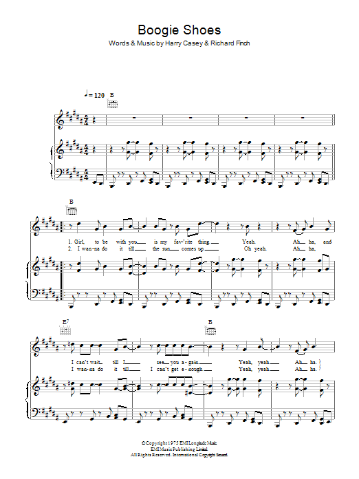 KC & The Sunshine Band Boogie Shoes Sheet Music Notes & Chords for Piano, Vocal & Guitar (Right-Hand Melody) - Download or Print PDF