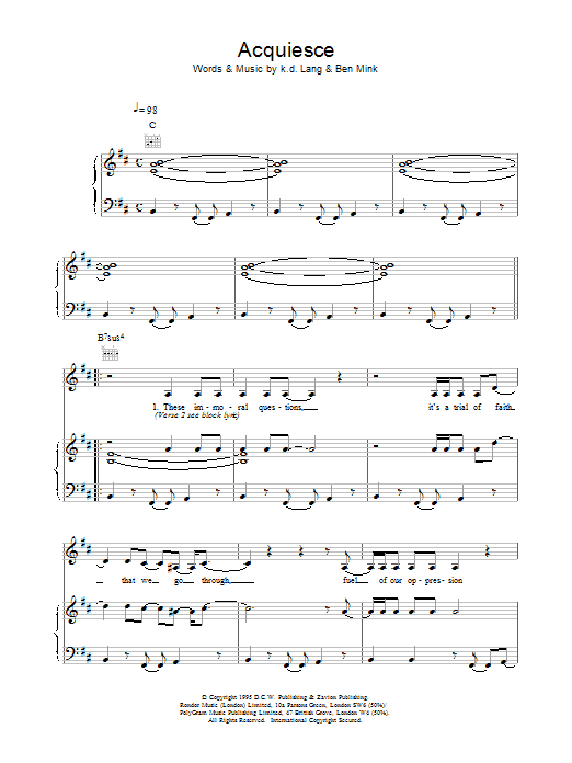 k.d. lang Acquiesce Sheet Music Notes & Chords for Piano, Vocal & Guitar (Right-Hand Melody) - Download or Print PDF