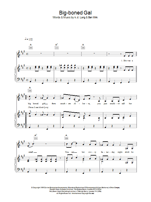 k.d. lang Big-boned Gal Sheet Music Notes & Chords for Piano, Vocal & Guitar (Right-Hand Melody) - Download or Print PDF