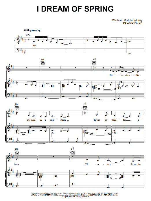 k.d. lang I Dream Of Spring Sheet Music Notes & Chords for Piano, Vocal & Guitar (Right-Hand Melody) - Download or Print PDF