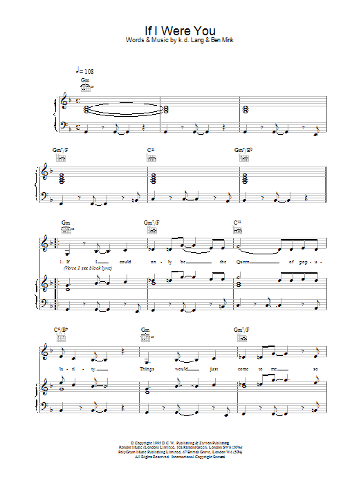 k.d. lang If I Were You Sheet Music Notes & Chords for Piano, Vocal & Guitar (Right-Hand Melody) - Download or Print PDF