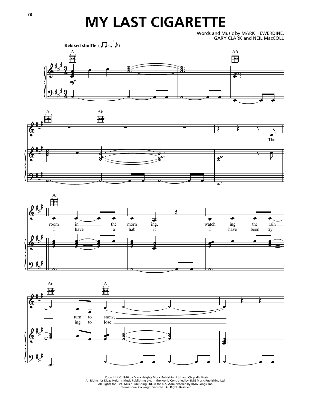 k.d. lang My Last Cigarette Sheet Music Notes & Chords for Piano, Vocal & Guitar Chords (Right-Hand Melody) - Download or Print PDF
