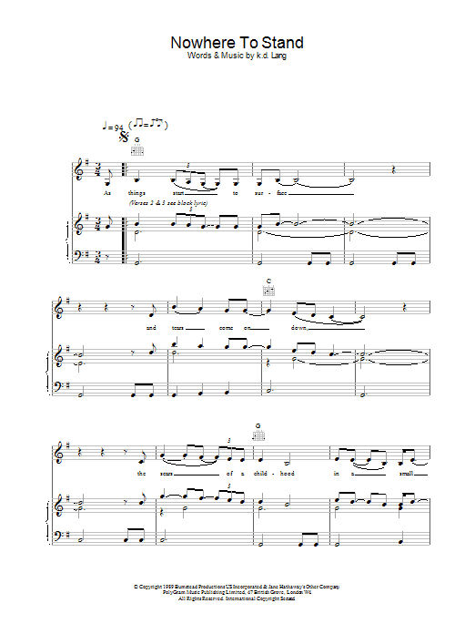 k.d. lang Nowhere To Stand Sheet Music Notes & Chords for Piano, Vocal & Guitar (Right-Hand Melody) - Download or Print PDF