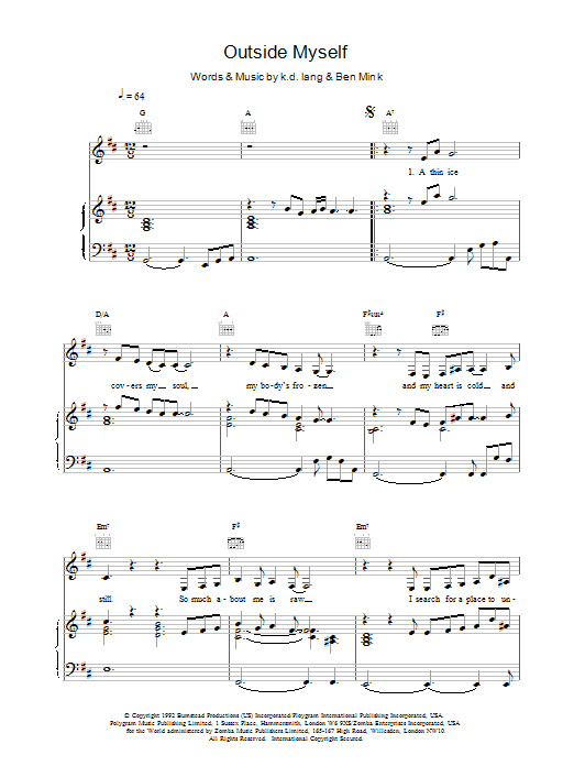 k.d. lang Outside Myself Sheet Music Notes & Chords for Piano, Vocal & Guitar (Right-Hand Melody) - Download or Print PDF