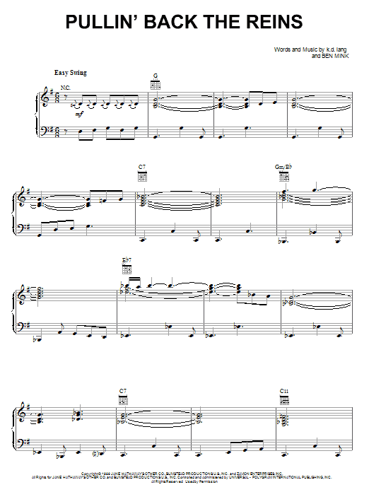 k.d. lang Pullin' Back The Reins Sheet Music Notes & Chords for Piano, Vocal & Guitar (Right-Hand Melody) - Download or Print PDF