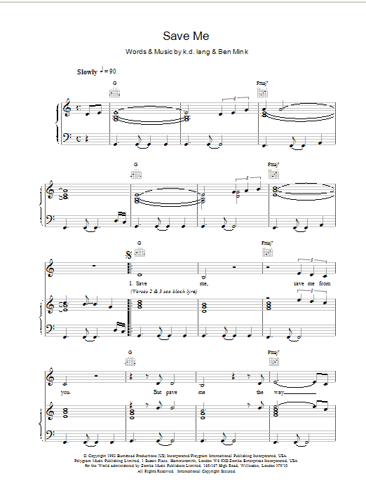 k.d. lang Save Me Sheet Music Notes & Chords for Piano, Vocal & Guitar (Right-Hand Melody) - Download or Print PDF