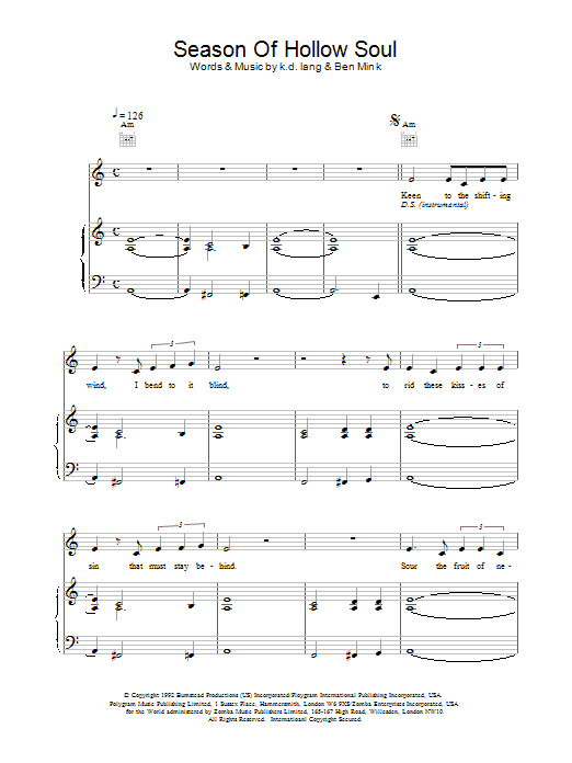 k.d. lang Season of Hollow Soul Sheet Music Notes & Chords for Piano, Vocal & Guitar (Right-Hand Melody) - Download or Print PDF