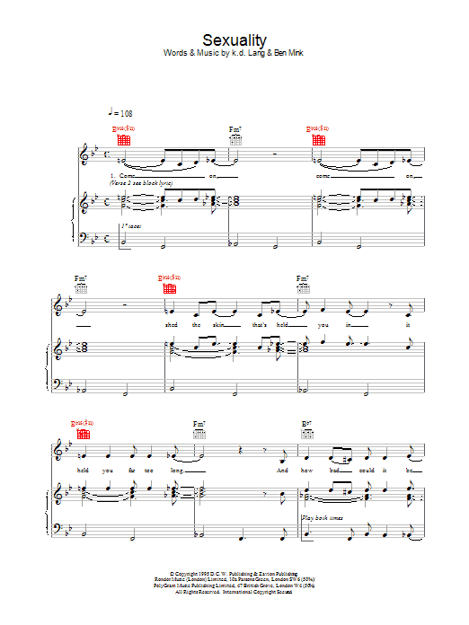 k.d. lang Sexuality Sheet Music Notes & Chords for Piano, Vocal & Guitar (Right-Hand Melody) - Download or Print PDF