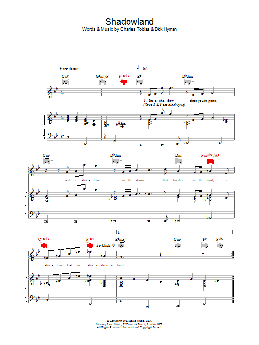 k.d. lang Shadowland Sheet Music Notes & Chords for Piano, Vocal & Guitar (Right-Hand Melody) - Download or Print PDF