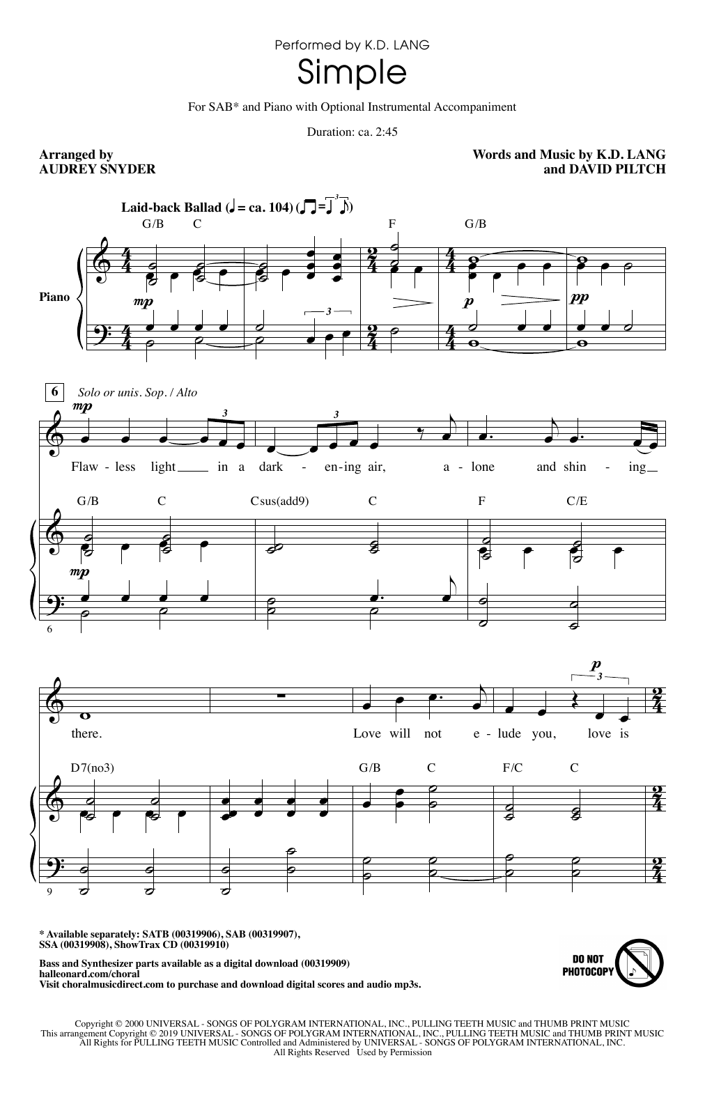 k.d. lang Simple (arr. Audrey Snyder) Sheet Music Notes & Chords for SSA Choir - Download or Print PDF