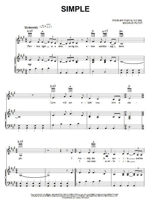 k.d. lang Simple Sheet Music Notes & Chords for Piano, Vocal & Guitar (Right-Hand Melody) - Download or Print PDF