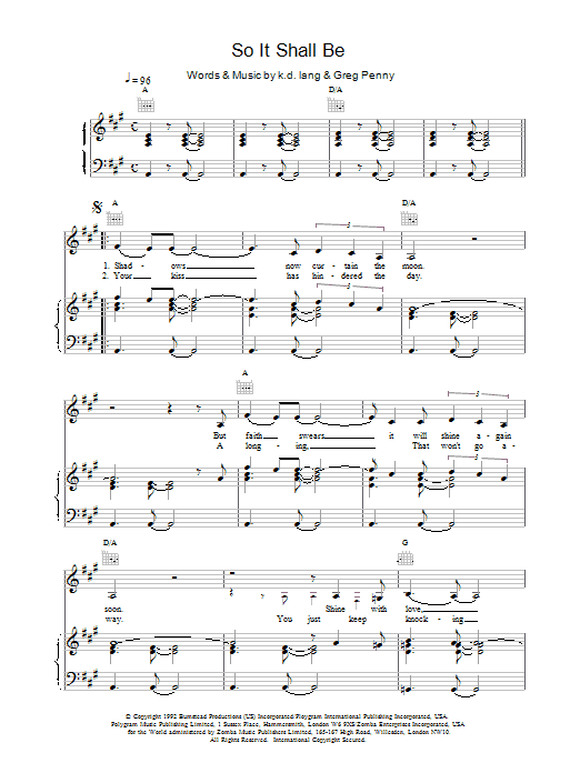 k.d. lang So It Shall Be Sheet Music Notes & Chords for Piano, Vocal & Guitar (Right-Hand Melody) - Download or Print PDF