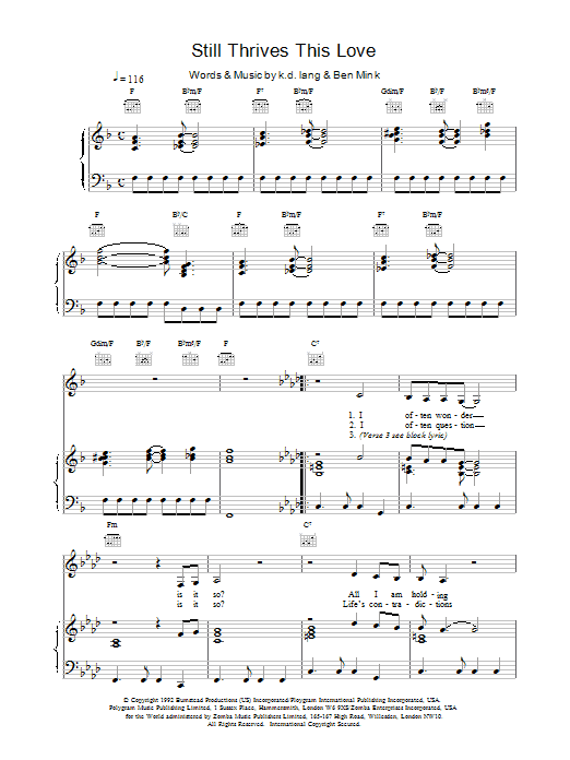 k.d. lang Still Thrives This Love Sheet Music Notes & Chords for Piano, Vocal & Guitar (Right-Hand Melody) - Download or Print PDF