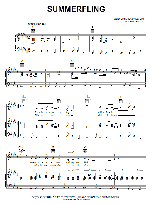 k.d. lang Summerfling Sheet Music Notes & Chords for Piano, Vocal & Guitar (Right-Hand Melody) - Download or Print PDF