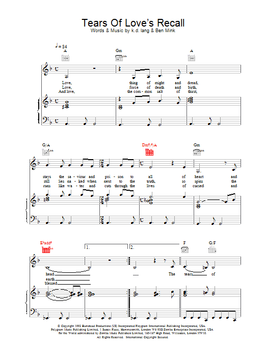 k.d. lang Tears of Love's Recall Sheet Music Notes & Chords for Piano, Vocal & Guitar (Right-Hand Melody) - Download or Print PDF