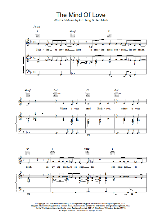 k.d. lang The Mind of Love Sheet Music Notes & Chords for Piano, Vocal & Guitar (Right-Hand Melody) - Download or Print PDF