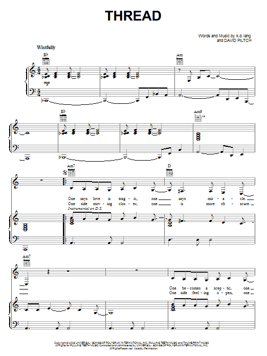 k.d. lang Thread Sheet Music Notes & Chords for Piano, Vocal & Guitar (Right-Hand Melody) - Download or Print PDF