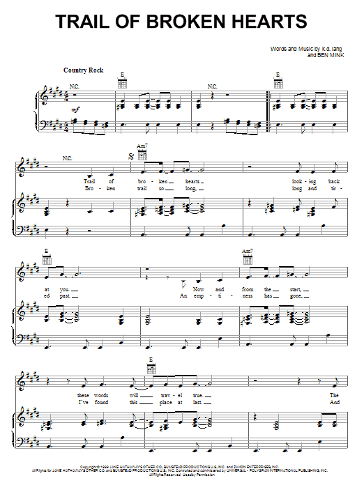 k.d. lang Trail Of Broken Hearts Sheet Music Notes & Chords for Piano, Vocal & Guitar (Right-Hand Melody) - Download or Print PDF