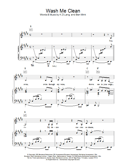 k.d. lang Wash Me Clean Sheet Music Notes & Chords for Piano, Vocal & Guitar (Right-Hand Melody) - Download or Print PDF