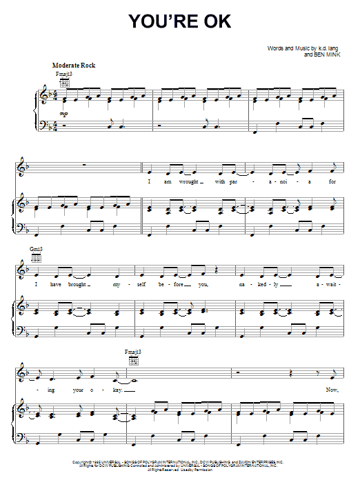 k.d. lang You're OK Sheet Music Notes & Chords for Piano, Vocal & Guitar (Right-Hand Melody) - Download or Print PDF