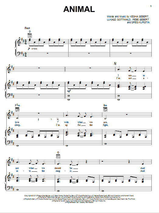 Ke$ha Animal Sheet Music Notes & Chords for Piano, Vocal & Guitar (Right-Hand Melody) - Download or Print PDF