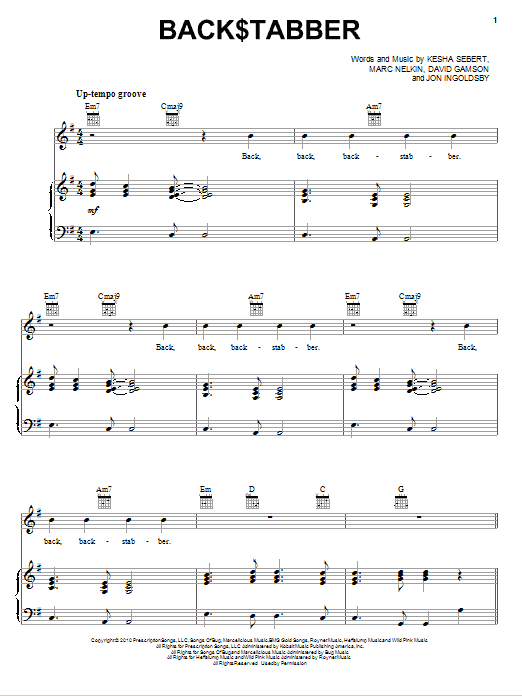 Ke$ha Back$tabber Sheet Music Notes & Chords for Piano, Vocal & Guitar (Right-Hand Melody) - Download or Print PDF