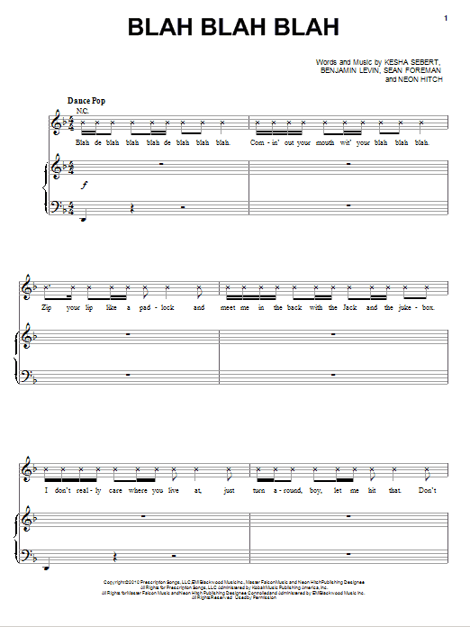 Ke$ha Blah Blah Blah Sheet Music Notes & Chords for Piano, Vocal & Guitar (Right-Hand Melody) - Download or Print PDF