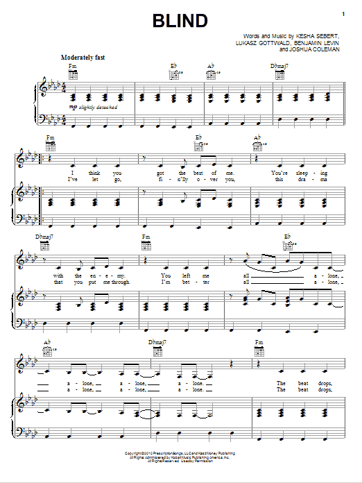 Ke$ha Blind Sheet Music Notes & Chords for Piano, Vocal & Guitar (Right-Hand Melody) - Download or Print PDF Ke$ha Blind Sheet Music Notes & Chords for Piano, Vocal & Guitar (Right-Hand Melody) - Download or Print PDF