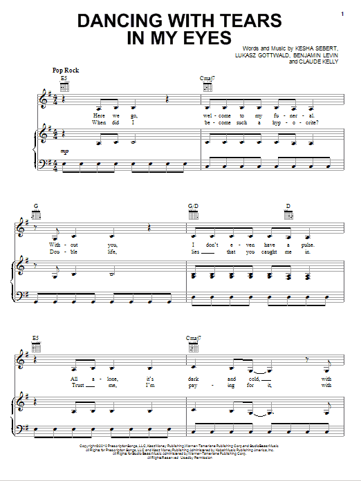 Ke$ha Dancing With Tears In My Eyes Sheet Music Notes & Chords for Piano, Vocal & Guitar (Right-Hand Melody) - Download or Print PDF