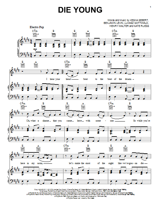 Ke$ha Die Young Sheet Music Notes & Chords for Piano, Vocal & Guitar (Right-Hand Melody) - Download or Print PDF