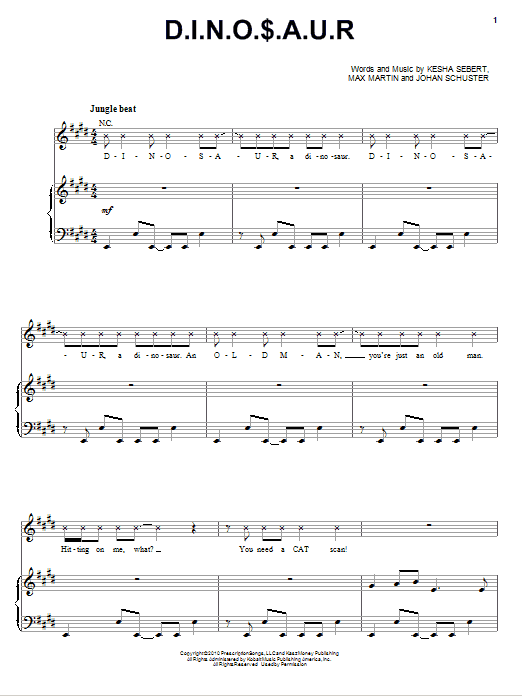 Ke$ha D.I.N.O.S.A.U.R. Sheet Music Notes & Chords for Piano, Vocal & Guitar (Right-Hand Melody) - Download or Print PDF