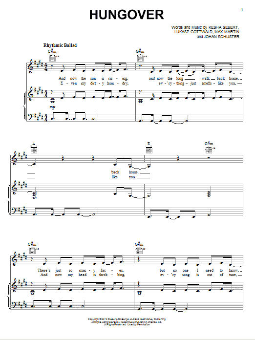 Ke$ha Hungover Sheet Music Notes & Chords for Piano, Vocal & Guitar (Right-Hand Melody) - Download or Print PDF