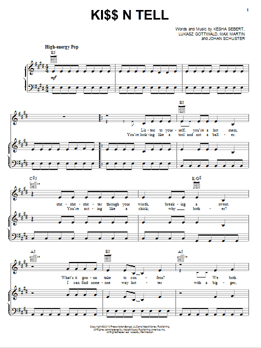 Ke$ha Ki$$ N Tell Sheet Music Notes & Chords for Piano, Vocal & Guitar (Right-Hand Melody) - Download or Print PDF