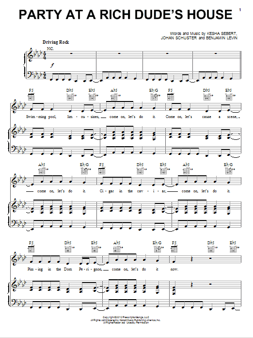 Ke$ha Party At A Rich Dude's House Sheet Music Notes & Chords for Piano, Vocal & Guitar (Right-Hand Melody) - Download or Print PDF