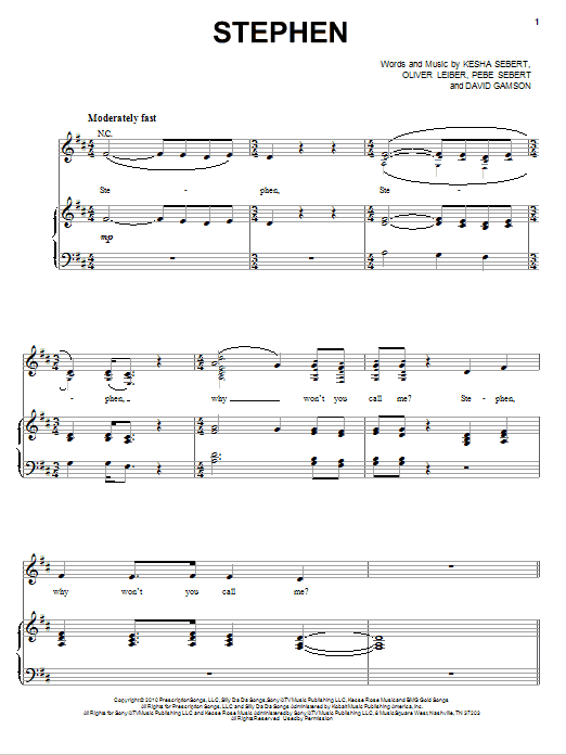 Ke$ha Stephen Sheet Music Notes & Chords for Piano, Vocal & Guitar (Right-Hand Melody) - Download or Print PDF