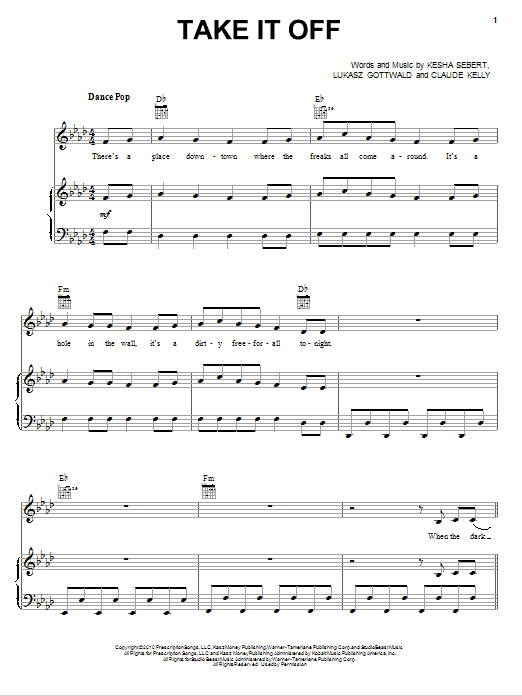 Ke$ha Take It Off Sheet Music Notes & Chords for Piano, Vocal & Guitar (Right-Hand Melody) - Download or Print PDF