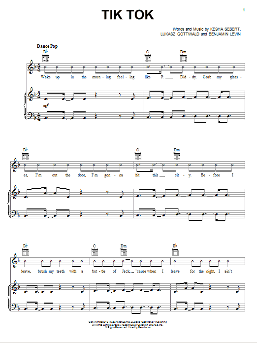 Ke$ha Tik Tok Sheet Music Notes & Chords for Piano, Vocal & Guitar (Right-Hand Melody) - Download or Print PDF