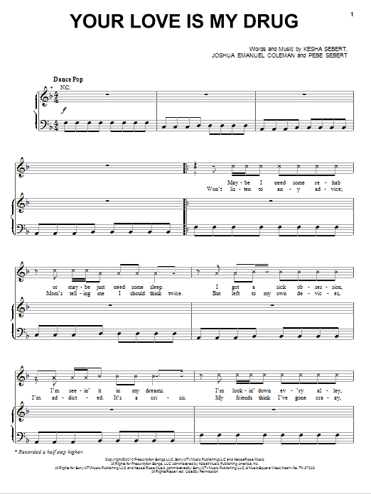 Ke$ha Your Love Is My Drug Sheet Music Notes & Chords for Piano, Vocal & Guitar (Right-Hand Melody) - Download or Print PDF