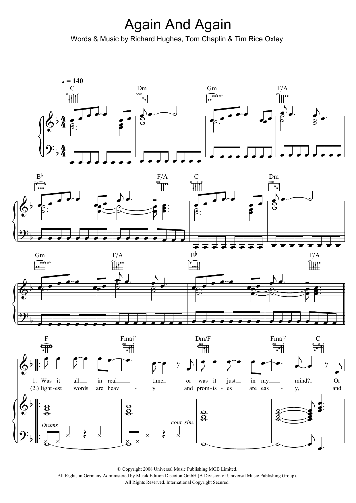 Keane Again And Again Sheet Music Notes & Chords for Piano, Vocal & Guitar (Right-Hand Melody) - Download or Print PDF
