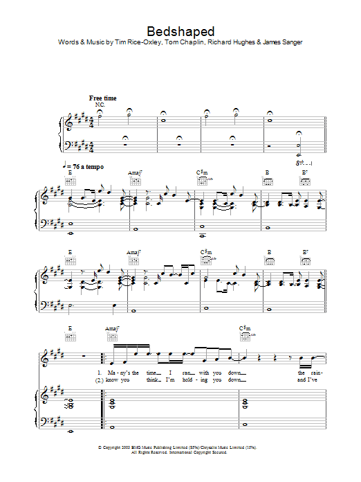 Keane Bedshaped Sheet Music Notes & Chords for Lyrics & Piano Chords - Download or Print PDF