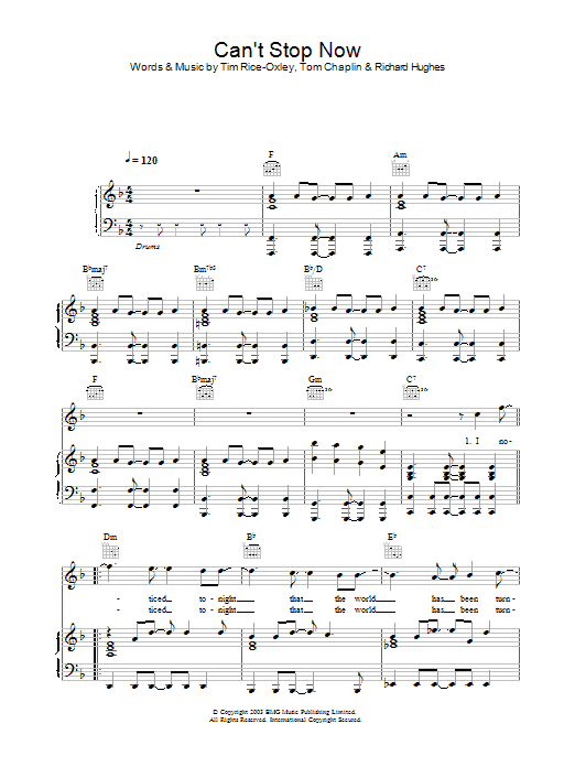 Keane Can't Stop Now Sheet Music Notes & Chords for Piano, Vocal & Guitar - Download or Print PDF