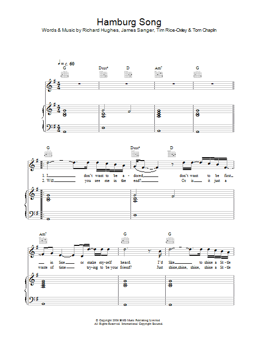 Keane Hamburg Song Sheet Music Notes & Chords for Piano, Vocal & Guitar - Download or Print PDF