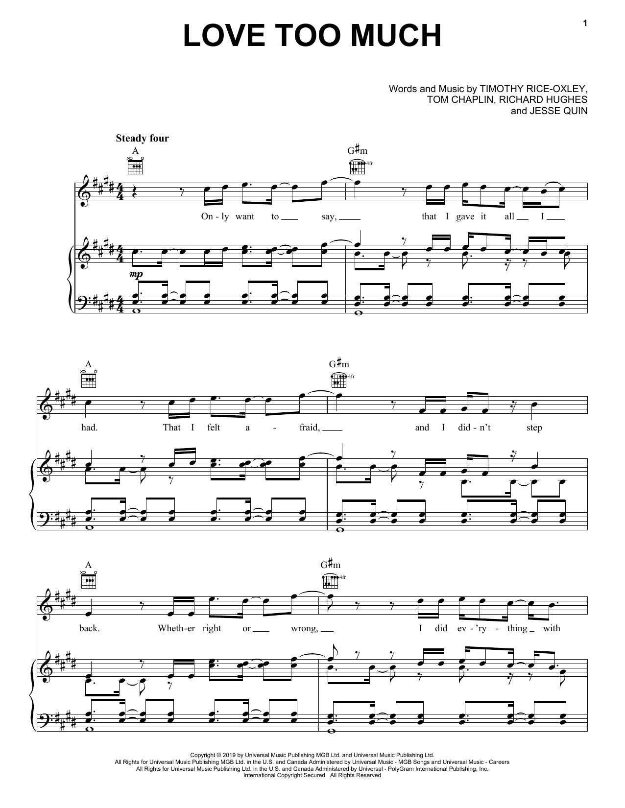 Keane Love Too Much Sheet Music Notes & Chords for Piano, Vocal & Guitar (Right-Hand Melody) - Download or Print PDF