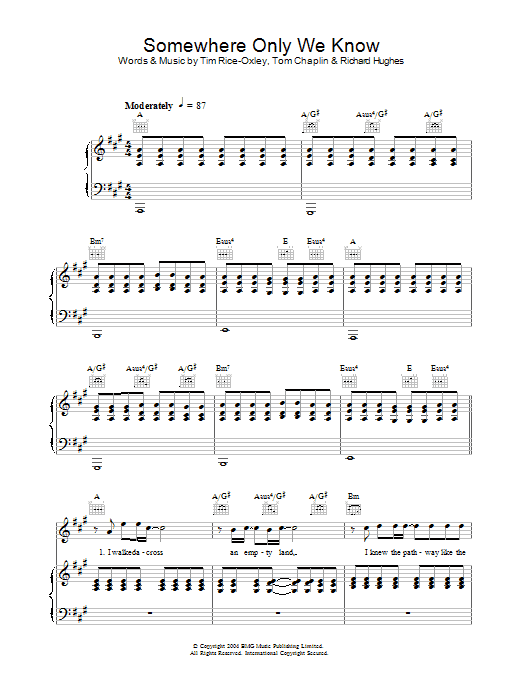 Keane Somewhere Only We Know Sheet Music Notes & Chords for Piano, Vocal & Guitar (Right-Hand Melody) - Download or Print PDF