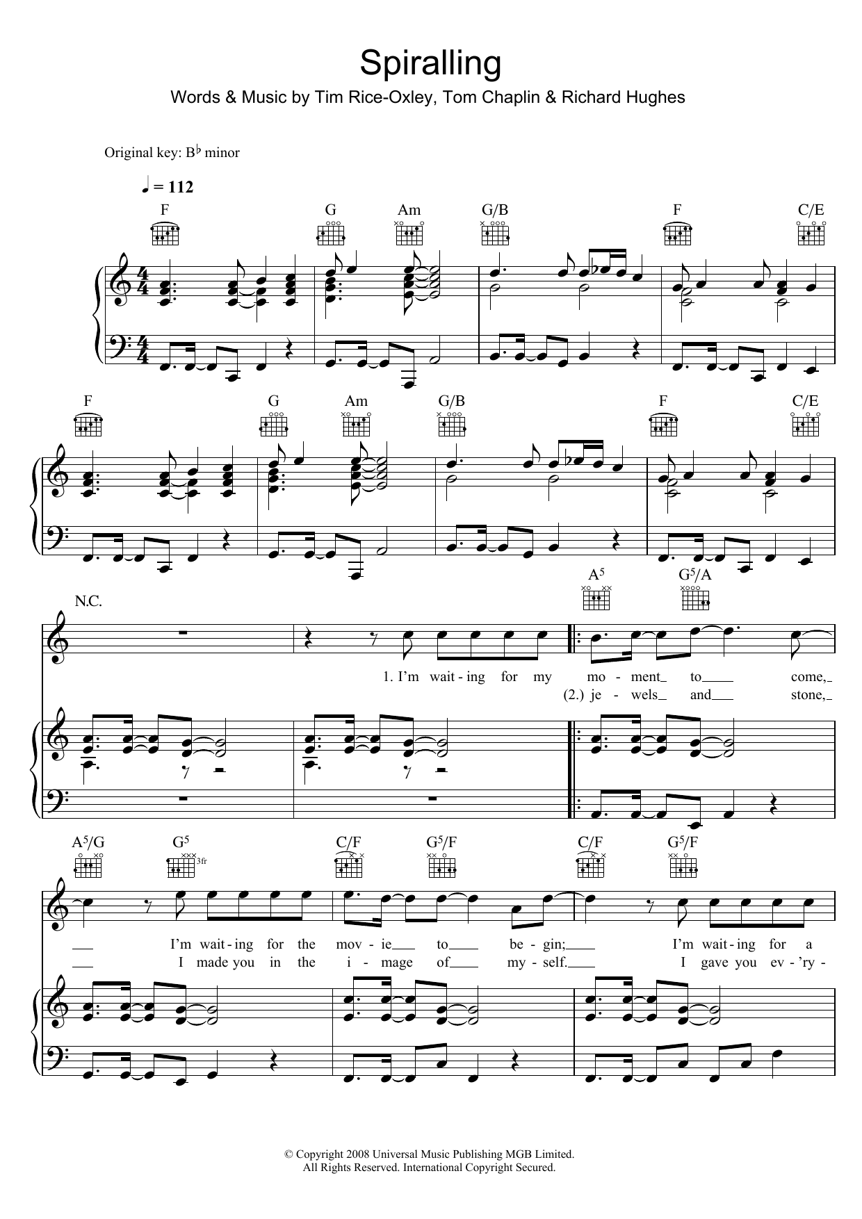 Keane Spiralling Sheet Music Notes & Chords for Piano, Vocal & Guitar (Right-Hand Melody) - Download or Print PDF