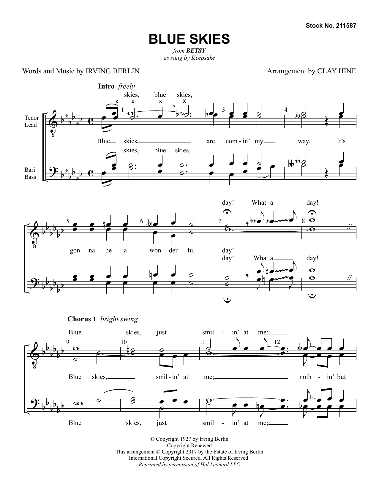 Keepsake Blue Skies (from Betsy) (arr. Clay Hine) Sheet Music Notes & Chords for TTBB Choir - Download or Print PDF