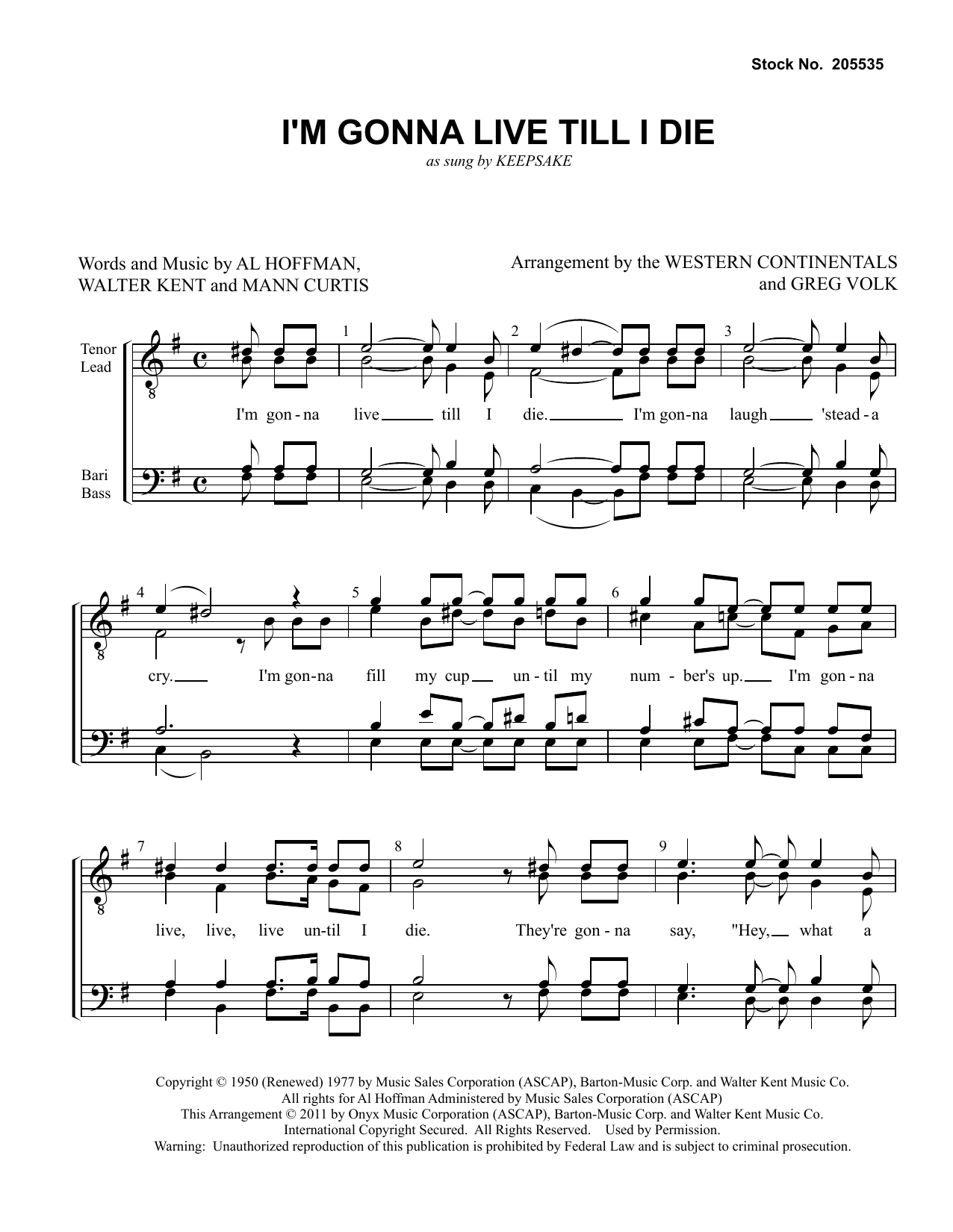 Keepsake I'm Gonna Live Till I Die (arr. Greg Volk) Sheet Music Notes & Chords for TTBB Choir - Download or Print PDF